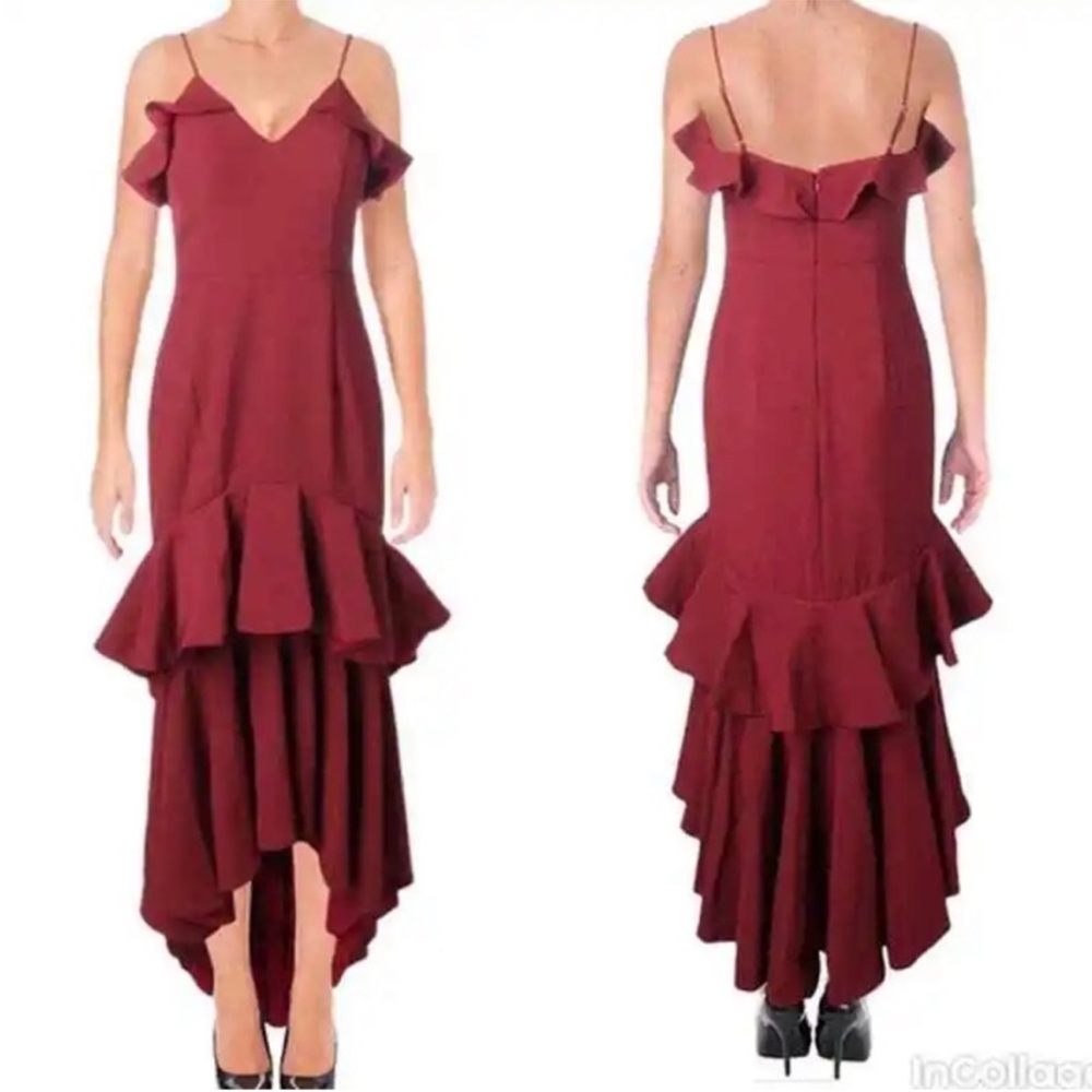 NWT Jarlo Mina Ruffle Hi-low Burgundy Gown